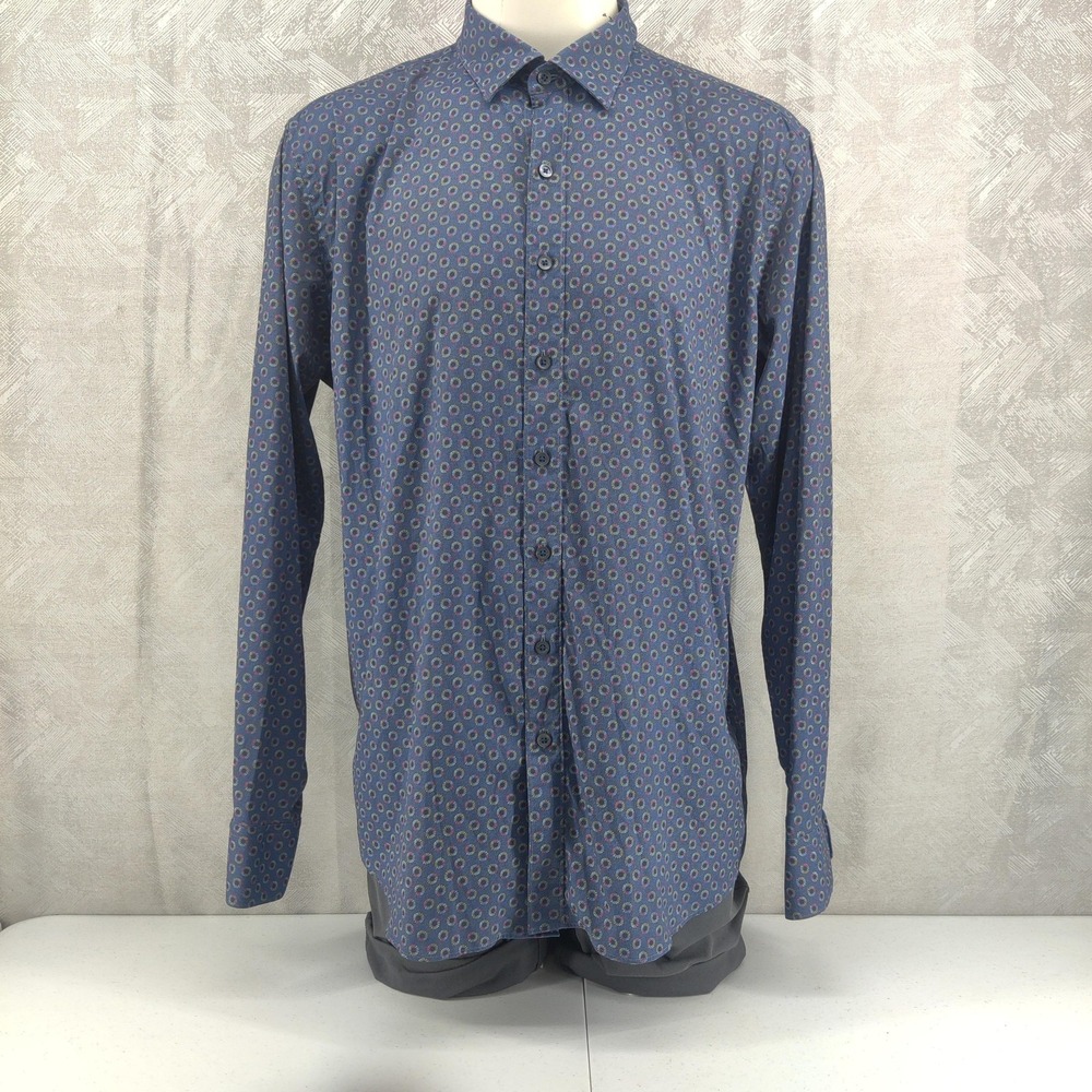 Bugatchi Shirt Mens XL Blue Graphite Shaped Fit Long Sleeve Geometric Pattern